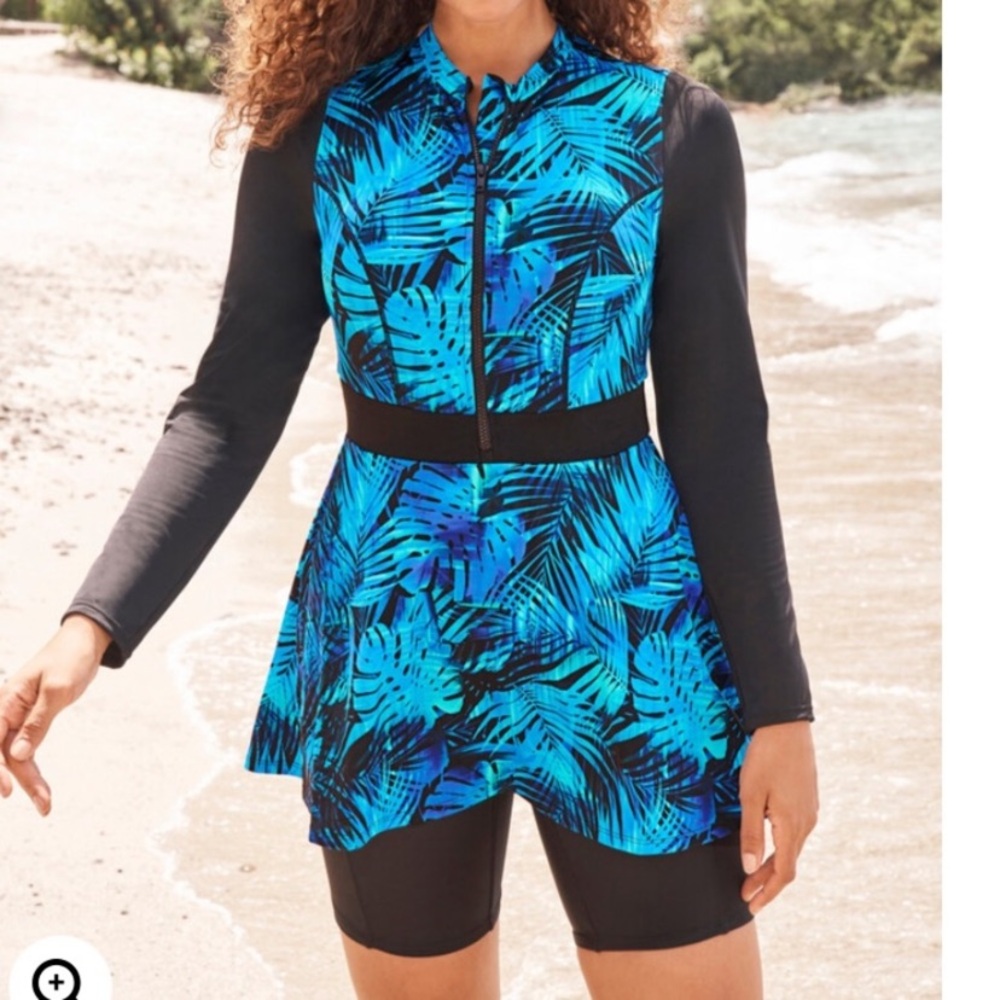 New Plus Size 20 Black Modest Long Sleeve Zip one piece Swimsuits For all swim